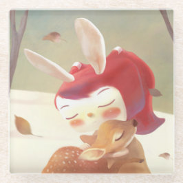 Posavasos De Vidrio Niña que abraza a ciervo