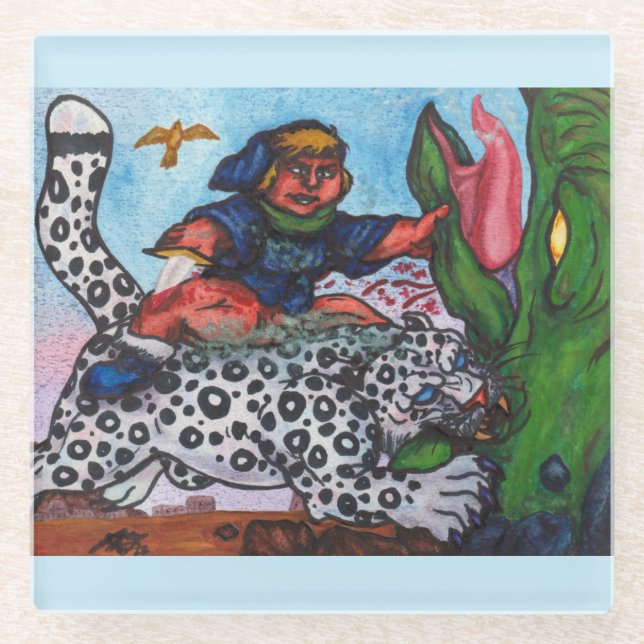 Posavasos De Vidrio niño fantasía montando gato luchando con dragón y  (Anverso)