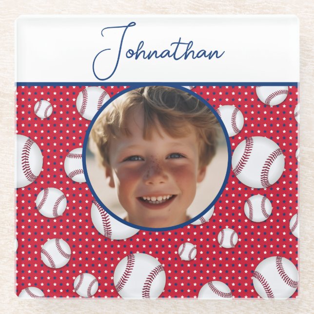 Posavasos De Vidrio Niños Béisbol Personalizado Azul Blanco Rojo Foto  (Anverso)