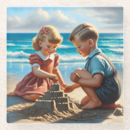 Posavasos De Vidrio Niños construyendo un castillo de arena en la play