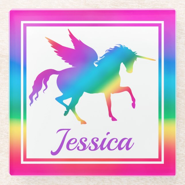 Posavasos De Vidrio Niños Gradiente de arcoiris Unicorn Silhouette (Anverso)
