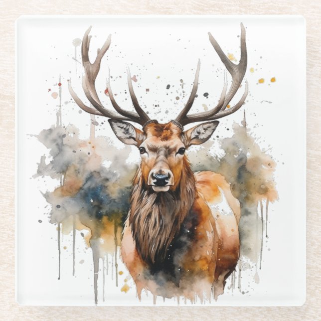 Posavasos De Vidrio Nobles Antlers: Arte de acuarela de Elk Woodland (Anverso)