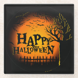 POSAVASOS DE VIDRIO NOCHE DE HALLOWEEN ESPELUZNANTE NEGRA Y NARANJA