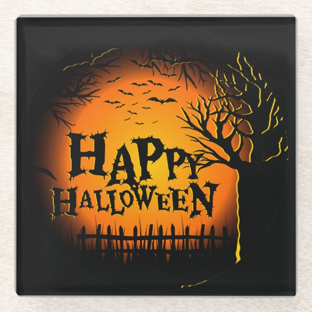 POSAVASOS DE VIDRIO NOCHE DE HALLOWEEN ESPELUZNANTE NEGRA Y NARANJA (Anverso)