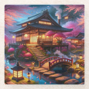 Posavasos De Vidrio Noche de primavera tranquila en un jardín japonés