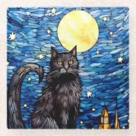 Posavasos De Vidrio Noche estrellada de gato negro de vidrio manchado