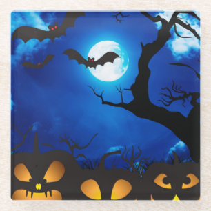 POSAVASOS DE VIDRIO NOCHE HALLOWEEN CON BATES DE BOMBA Y LUNA