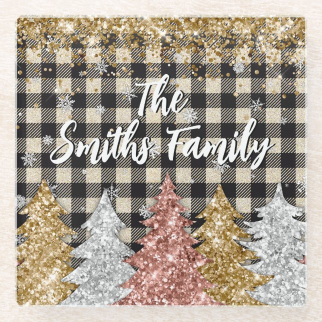 Posavasos De Vidrio Nombre De Familia De navidades Y Purpurinas (Anverso)