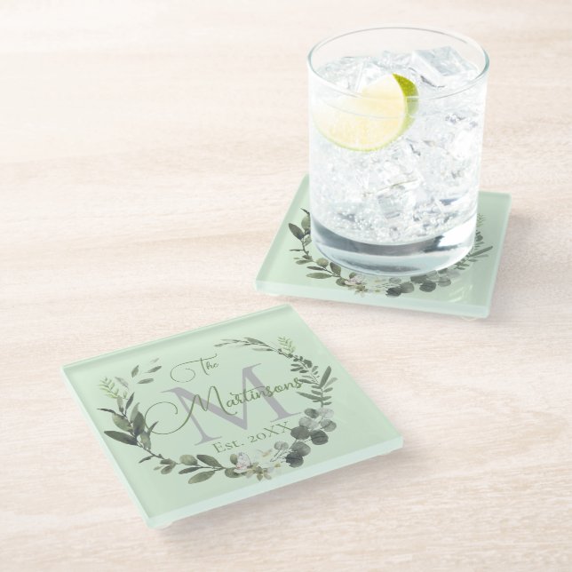 Posavasos De Vidrio Nombre de familia Monograma Acuarela Botánica (Angular)