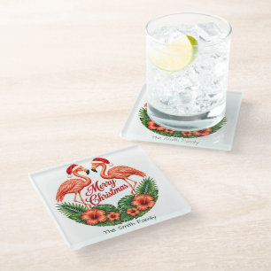 Posavasos De Vidrio Nombre de familia personalizado Tropical Flamingo