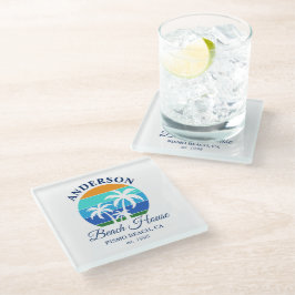 Posavasos De Vidrio Nombre de la Familia Beach House Sun Palm Trees