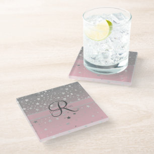 Posavasos De Vidrio Nombre de monograma rosa gris plateado estrellas d