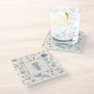 Posavasos De Vidrio Nombre Inicial Monograma Flores Marrón Azul Crema