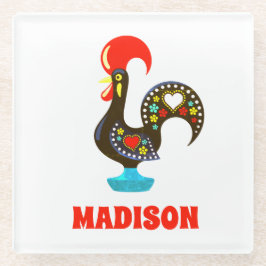 Posavasos De Vidrio Nombre personalizado Barcelos Rooster portugués ne