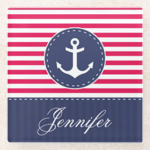 Posavasos De Vidrio Nombre personalizado de anclaje rojo contemporáne