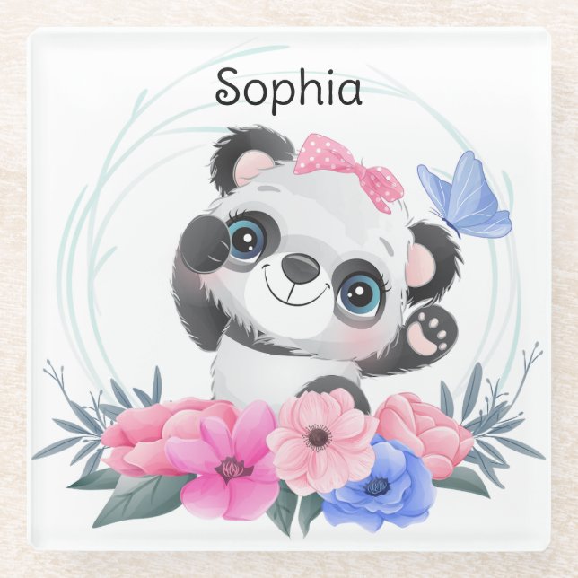 Posavasos De Vidrio Nombre personalizado de la flor de panda de bebé l (Anverso)