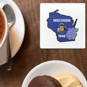 Posavasos De Vidrio Nombre personalizado de Wisconsin Flag y Flower Bl