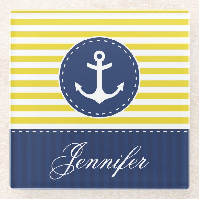 Posavasos De Vidrio Nombre personalizado del delimitador azul amarillo (Anverso)