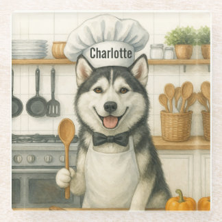 Posavasos De Vidrio Nombre Personalizado Divertido Perro Chef Husky Si