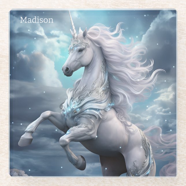 Posavasos De Vidrio Nombre personalizado lindo unicornio (Anverso)