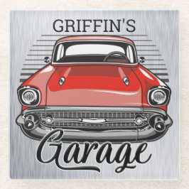 Posavasos De Vidrio NOMBRE personalizado Retro Red Classic Car Garage