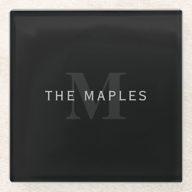 Posavasos De Vidrio Nombre y monograma modernos | Gris y negro (Anverso)