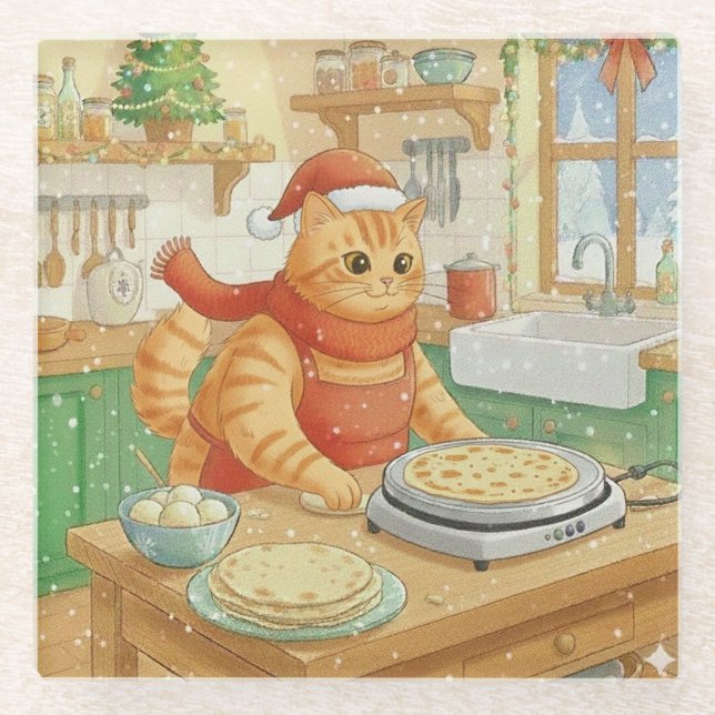 Posavasos De Vidrio Norwegian Cat Making Christmas Lefse, Coaster (Anverso)