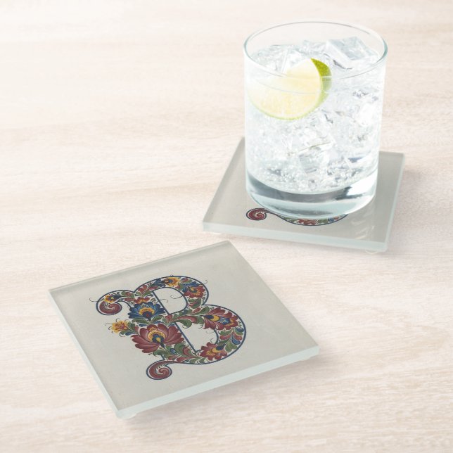 Posavasos De Vidrio Norwegian Rosemaling Initial B, Glass Coaster (Angular)