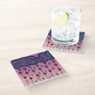 Posavasos De Vidrio Nubes lindas, corazones y gotas de lluvia
