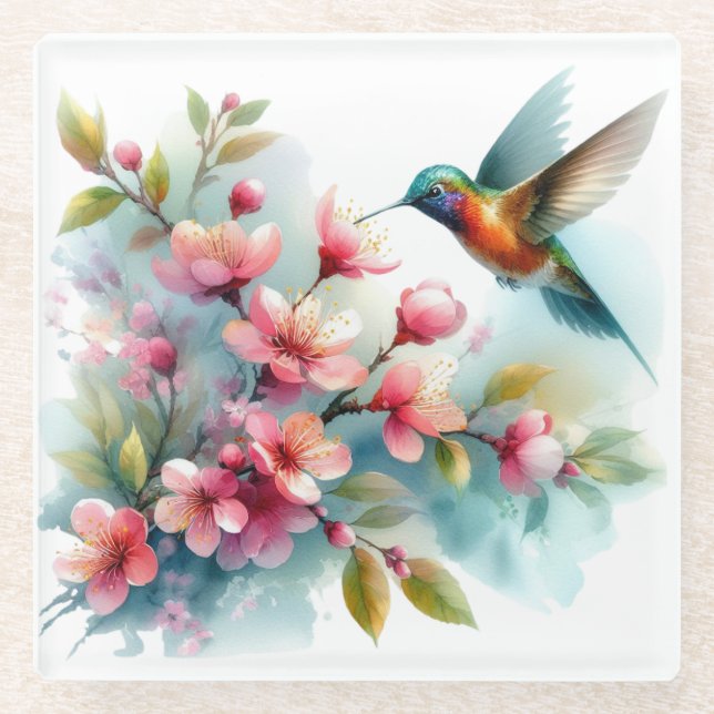Posavasos De Vidrio Obra artística de colibrí floral/primavera (Anverso)