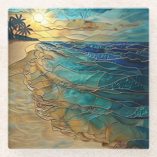 Posavasos De Vidrio Ocean Waves Coastal Art Decor (Anverso)