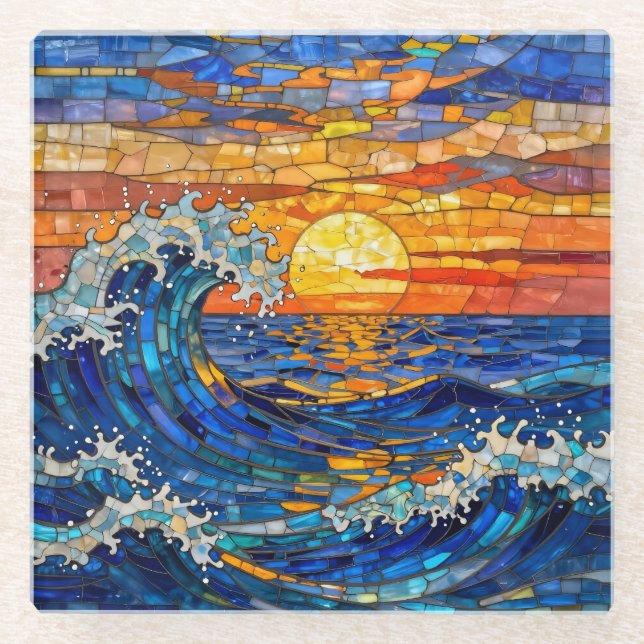 Posavasos De Vidrio Oceanic Coastal Ocean Waves Sunset   (Anverso)