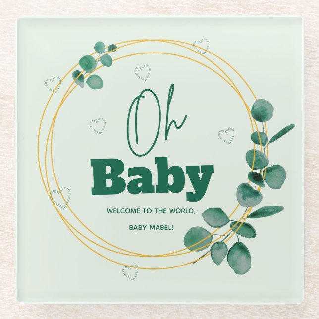 Posavasos De Vidrio Oh Baby Eucalyptus Leaves Baby Shower (Anverso)