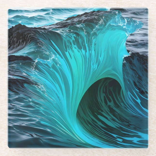 Posavasos De Vidrio Ola Tiburón Azul (Anverso)