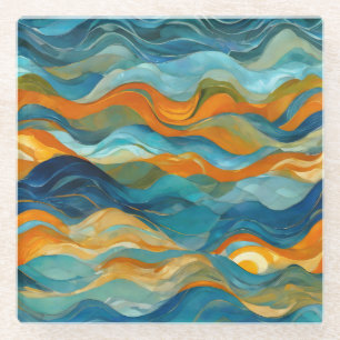 Posavasos De Vidrio Olas de Naranja verde azul "Bolonia"