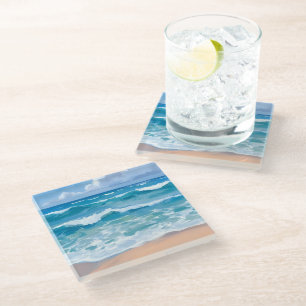 Posavasos De Vidrio Olas del Océano Azul   Arte en Acuarela de Mar y P