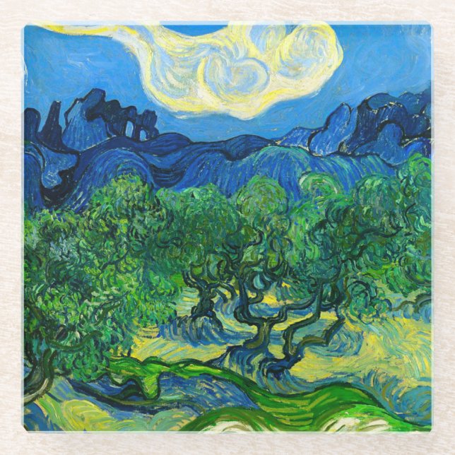 Posavasos De Vidrio Olivos Van Gogh en un paisaje montañoso (Anverso)
