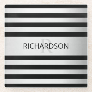 Posavasos De Vidrio Ombre de rayas plateado contemporáneo y negro