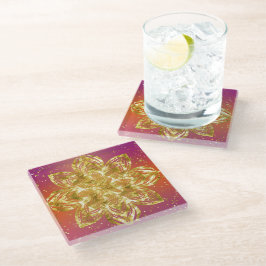 POSAVASOS DE VIDRIO OMBRE ROSA Y AMARILLO CON MANDALA ORO
