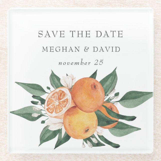 Posavasos De Vidrio Orange Blossoms Citrus Botanical Wedding  (Anverso)