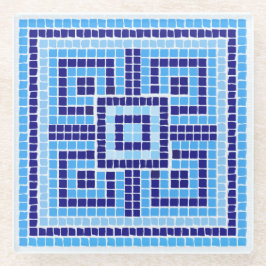 Posavasos De Vidrio Ornamento de mosaico griego - tonos azules