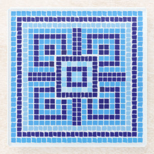 Posavasos De Vidrio Ornamento de mosaico griego - tonos azules