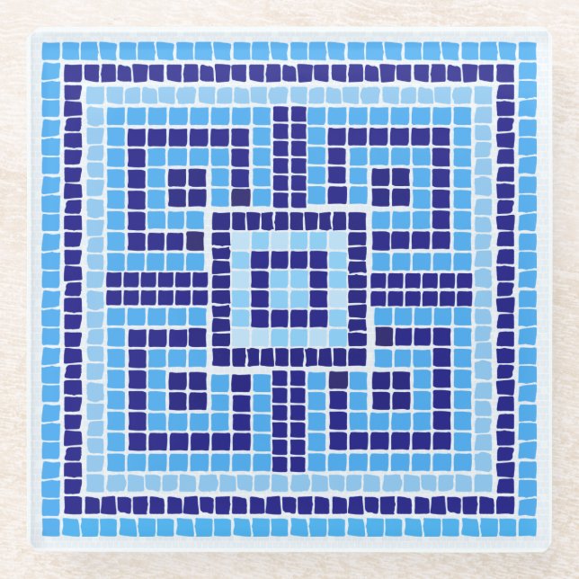 Posavasos De Vidrio Ornamento de mosaico griego - tonos azules (Anverso)