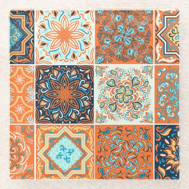Posavasos De Vidrio Ornamentos de azulejos cerámicos: patrón abstracto (Anverso)