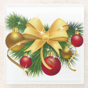 POSAVASOS DE VIDRIO ORNAMENTOS DE NAVIDAD ROJA Y ORO Y BOW DE ORO