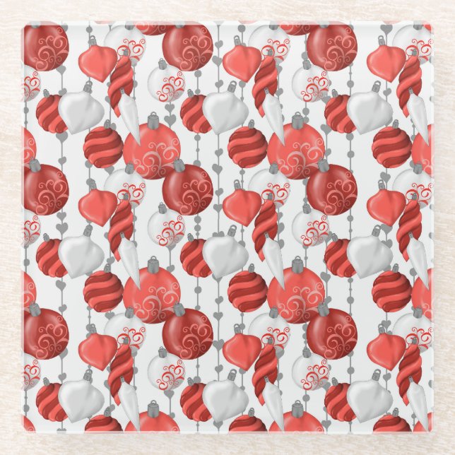 POSAVASOS DE VIDRIO ORNAMENTOS DE NAVIDAD ROJOS Y BLANCOS (Anverso)