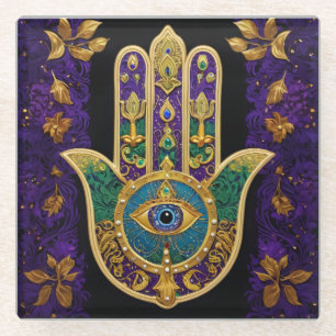 Posavasos De Vidrio Ornate Gold Third Eye Hamsa
