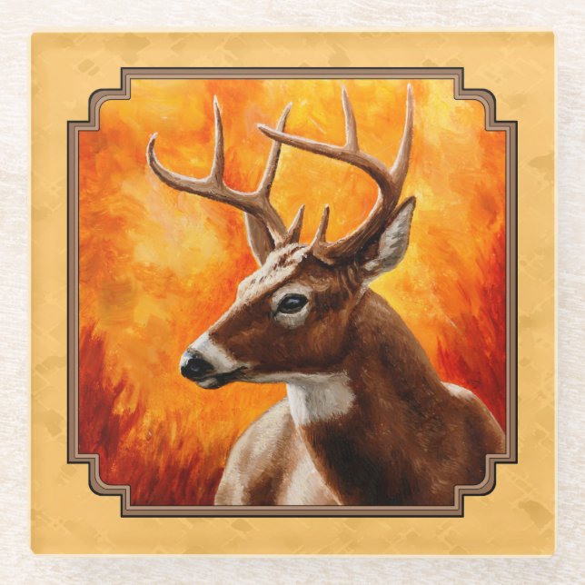 Posavasos De Vidrio Oro de otoño de Whitetail Deer (Anverso)