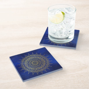 Posavasos De Vidrio Oro elegante en la floral azul profundo Henna Mand