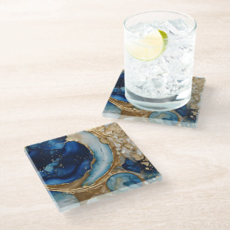 Posavasos De Vidrio Oro-Navy Beach Abstracto Fluido